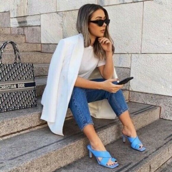 ZARA PADDED HEELED BLUE SHEEP LEATHER SANDALS - Picture 9 of 16